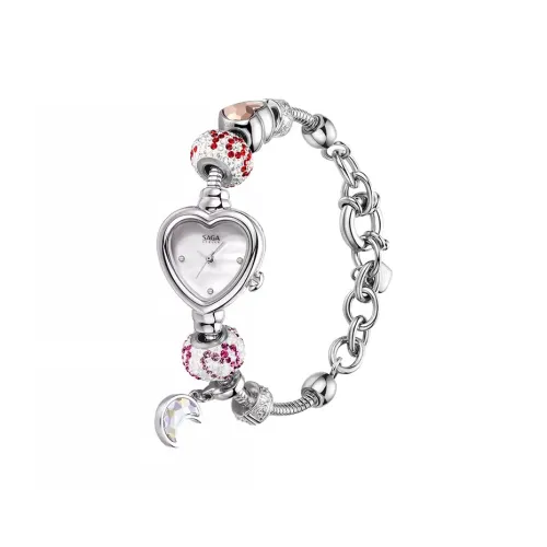 SAGA Маленькое Сердце Бусины DIY Браслет Набор Кварцевый Механизм Нержавеющая Сталь Ремешок Часы Женские Часы Белый Циферблат