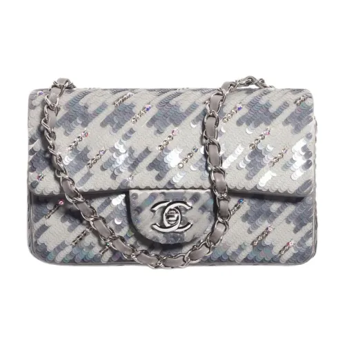 CHANEL Вышивка Сатин Нить Сумка через плечо Сумка на плечо Женская Серый и Белый