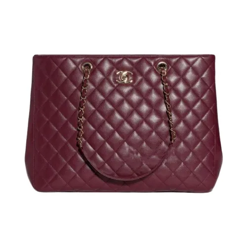 CHANEL Рельефный Блестящий Телячья Кожа Тоут Сумка Сумка для покупок Сумка через плечо Сумка Женская Темно-фиолетовая Красная