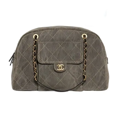 CHANEL Выстиранный деним и золото металлическая сумка для боулинга сумка женская тауповая