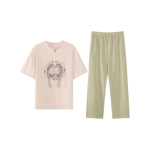 WANANNI Пижамный комплект женский светло-абрикосовый зеленый