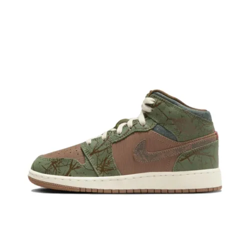 Jordan Air Jordan 1 MID Амортизация Износостойкий MID Топ Детские Баскетбольные Кроссовки Зеленый