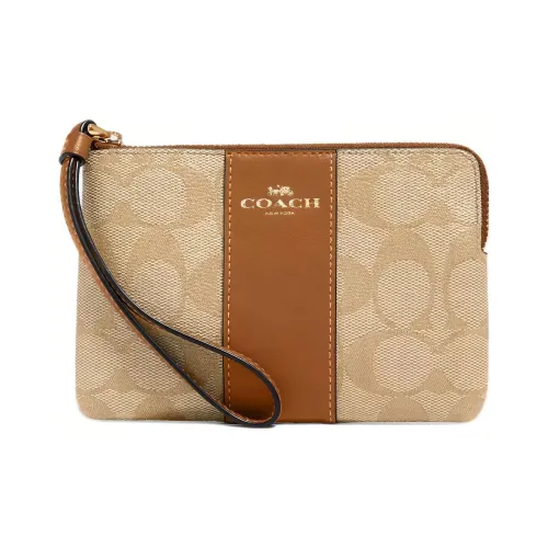 COACH Corner Zip Покрытый холст с переработанной кожей Клатч Маленький Женский Золотой Светлый хаки Свет Седло