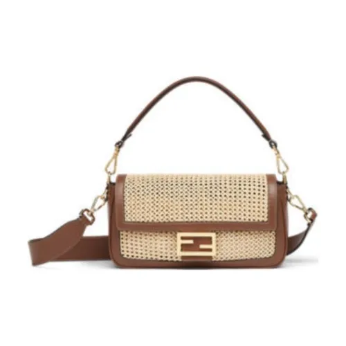 FENDI Baguette Кожа с Рафия Портативный Сумка через плечо Сумка на плечо Женская Коричневый Бежевый
