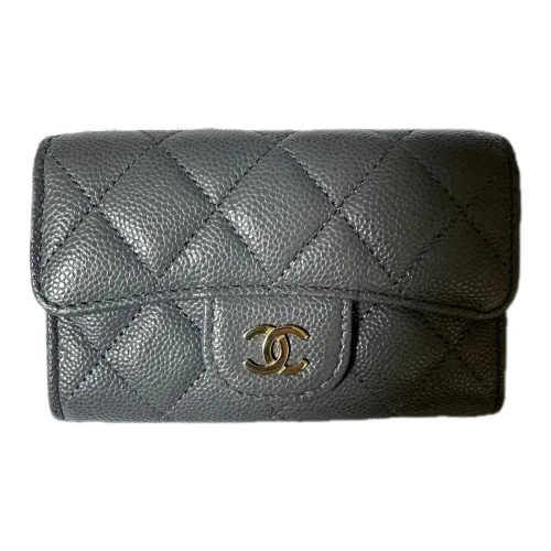 CHANEL С рельефом Тисненый Телячья кожа Мелочь Кошелек Кошелек Держатель для карт Женский Темно-серый