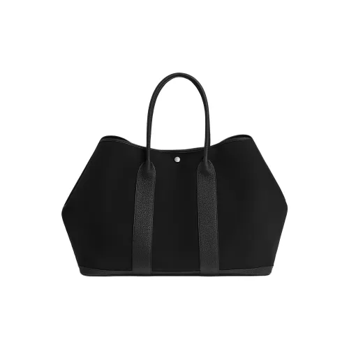 HERMES Garden Party Woolycot Холст с Negonda Телячья кожа Садовая сумка Женская Черный
