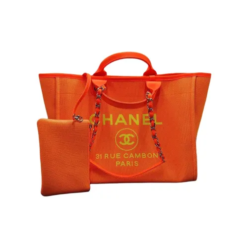 CHANEL Хлопок с кожаными вставками Тоут Сумка Сумка для покупок Сумка на плечо Сумка Большая Женская Апельсин