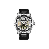 Белый корпус, черный циферблат, кожаный ремешок.