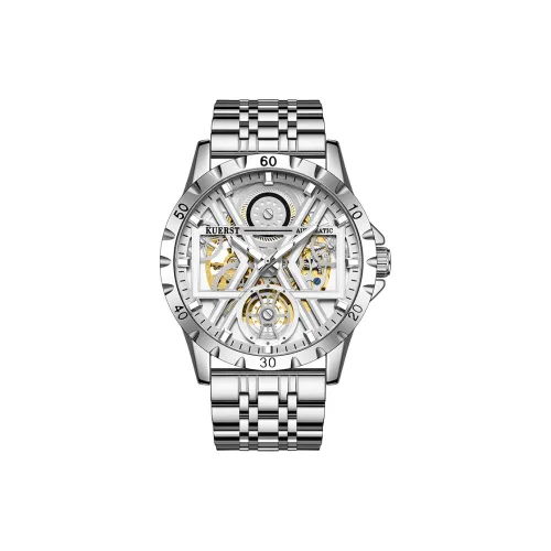 KUERST Автоматический Механический Механизм Стальной Ремешок Часы Мужские Белый Циферблат