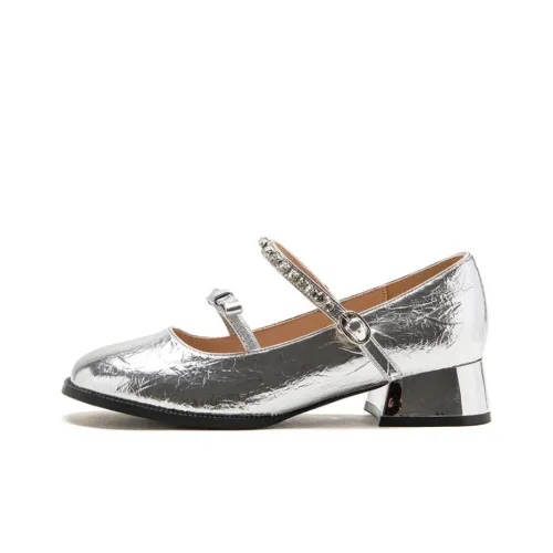 AGSDON Грубый каблук Туфли Мэри Джейн 3,5 см Женские Серебряные