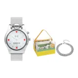 Серебряный, часы с лазерным кварцевым механизмом "За кадром", браслет, коробка