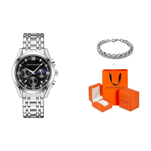 Katie Ermilio Наручные часы Кварцевый механизм Стальной ремешок Черный циферблат Мужские часы