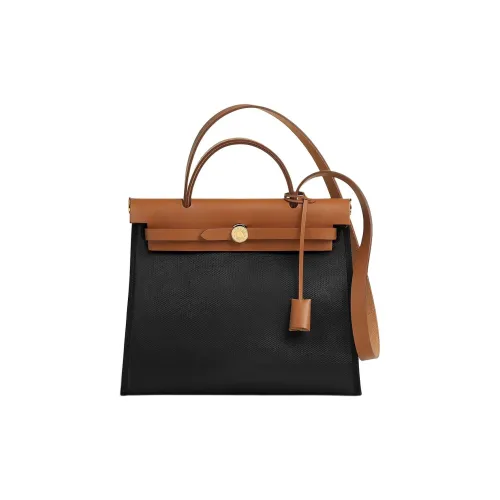 HERMES Herbag Zip H Plume Холст Hunter Коровья кожа Сумка через плечо Сумка через плечо Женская Черный Естественный