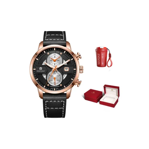 MANJAZ Кварцевый механизм кожаный ремешок мужские часы черный циферблат