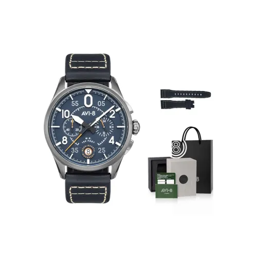 AVI 8 Мужские часы Кварцевый механизм Естественная кожа Ремешок Синий циферблат