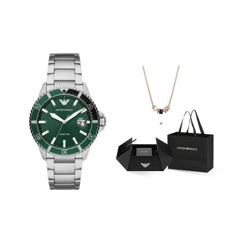 EMPORIO ARMANI Коллекция Submariner Наручные часы Кварцевый механизм Ремешок из нержавеющей стали 43 мм Зеленый циферблат Мужские часы