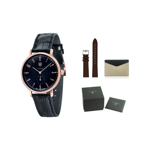 DUFA Кварцевый механизм Унисекс Часы Черный циферблат Нержавеющая сталь Корпус Часы Естественная кожа Ремешок