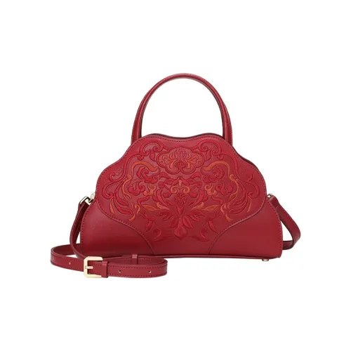 Ancient Yi Xi Коровья кожа Повседневная Нишевая Сумка на одно плечо Женская Красная Пионовый цветок