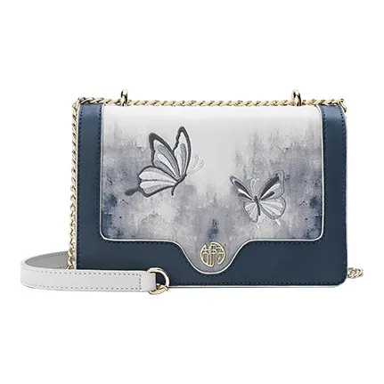 Ancient Yi Xi Коровья кожа Цепочка Маленькая квадратная сумка Сумка на плечо Женская Синий цвет далеких гор