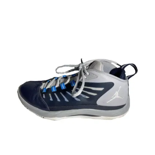 Jordan Super Fly 2 Амортизация MID Топ Винтажные Баскетбольные Кроссовки Унисекс Темно-синий Серый