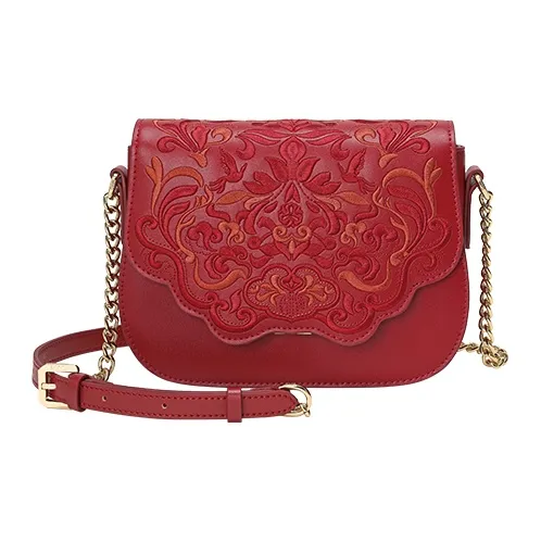 Ancient Yi Xi Коровья кожа Чонсам Сумка с цепочкой Сумка через плечо Маленькая Женская Красная Пионовый цвет