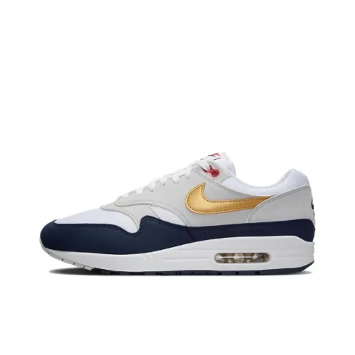 Nike Air Max 1 Устойчивые к истиранию Дышащие Низкие Беговые кроссовки Мужские Белые и Синие