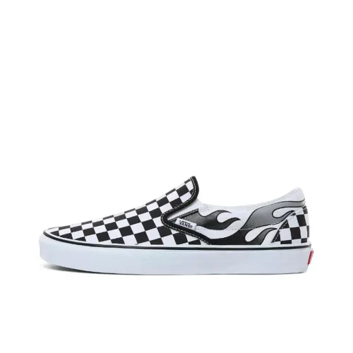 Vans Slip On Series Шахматный узор Пламя Классический Низкий Топ Скейтборд Кроссовки Унисекс Черный Белый