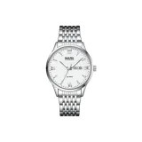 Серебряный корпус с белым циферблатом, серебряный стальной браслет.