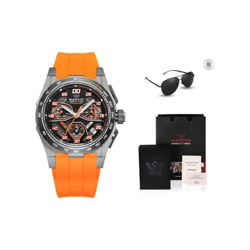 MARVIN Кварцевый механизм Мужские часы Часы 45 мм Черный циферблат Корпус из нержавеющей стали Ремешок из нержавеющей стали и силикона