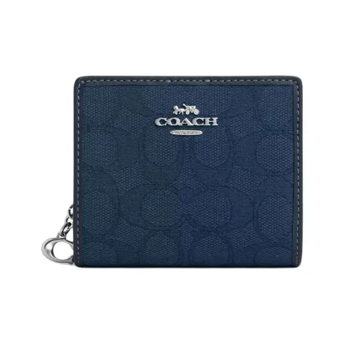 COACH Snap Wallet Коровья кожа текстиль Кошелек Мини Women's Silver с Темный деним
