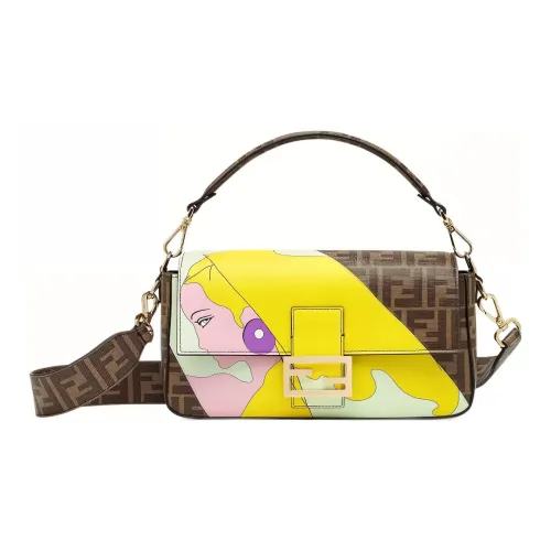 FENDI Baguette Хлопок с коровьей кожей Портативная сумка через плечо сумка на плечо средняя женская коричневый многоцветный