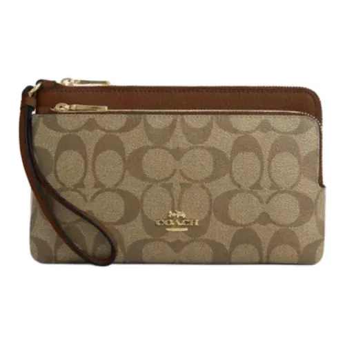 COACH Double Zip Wallet Подпись Покрытый холст с утонченной зернистой текстурой кожа Клатч Кошелек Маленький Женский Золотой Хаки