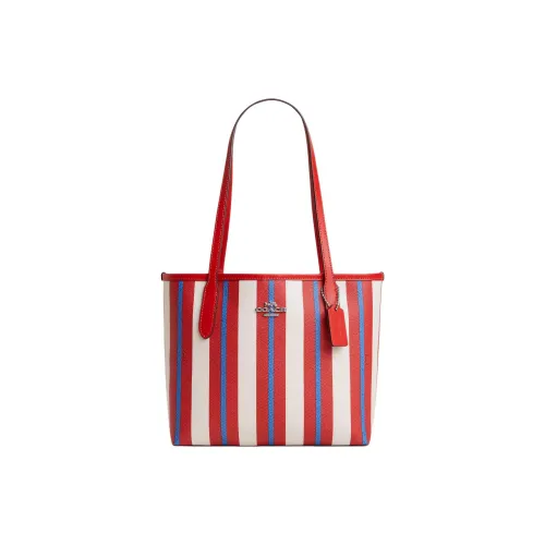 COACH Городская Холст с Покрытием и Гладкая Кожа Тоут Сумка Сумка для покупок Сумка на плечо Сумка среднего размера Женская Красная и Синяя