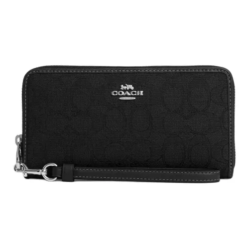 COACH Zip Around ICONIC Жаккард Коровья кожа Кошелек Маленький Women's Silver Черный