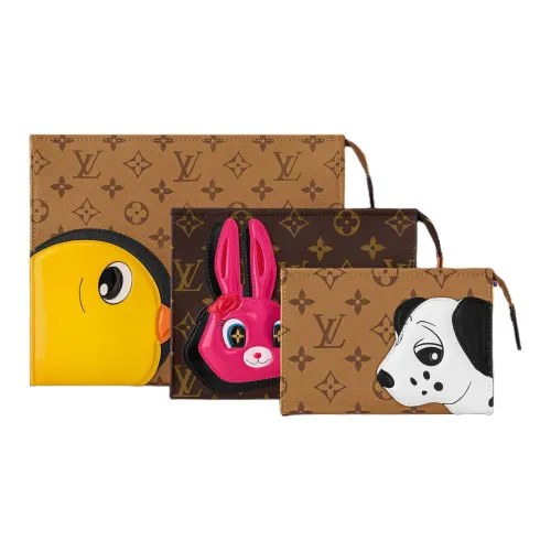 LOUIS VUITTON Trio Animonogram Реверс Покрытый холст с коровья кожа 3 в 1 Сумка для хранения Унисекс Коричневый и Многоцветный