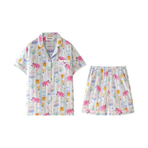 Wabi Town 100% хлопок Короткий рукав Рубашка Весна Лето Мультяшный Повседневный Комплект пижамы Женские Многоцветный