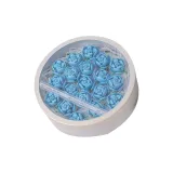 Белый круглый ведрообразный подарочный набор (19 синих роз + цветочный грунт + рафия трава)