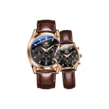 Розовый корпус, черный циферблат, коричневая кожа, парные часы