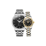 Стальной браслет, глубокий черный, мужской + стальной браслет, черный циферблат, женский.