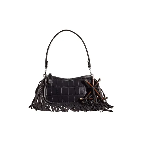 COACH Swinger Крокодил Тисненая кожа с Утонченный Телячья кожа Сумка сумка через плечо Women's Silver Черный