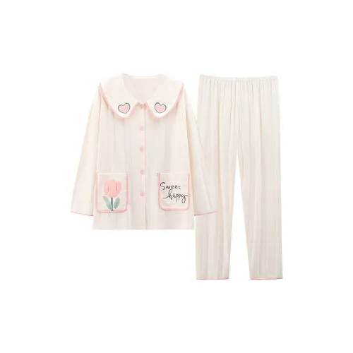 Сон Студенты Квартира Домашний Верхняя одежда Готовая Комплект пижам Женские Молочно-белый