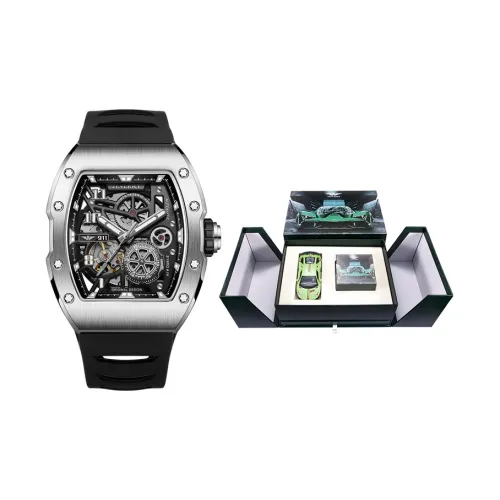 JINLERY Коллекция спортивных автомобилей Тонно Часы Автоматический механический механизм Силиконовый ремешок Часы Мужские часы Черный циферблат