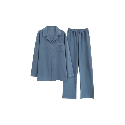 Сон Студенты Спальня Вафельная вязка Верхняя одежда Готовая Домашняя одежда Мужской Синий