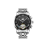 Серебряный корпус с черным циферблатом, серебряный стальной браслет.