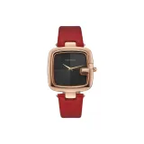 Розовое золото, корпус, черный циферблат, красный кожаный ремешок