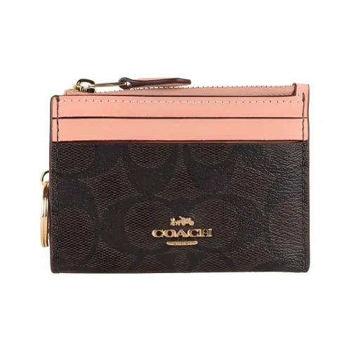 COACH Canvas Кожа Картхолдер Мини Женский Темно-коричневый и Перламутрово-розовый