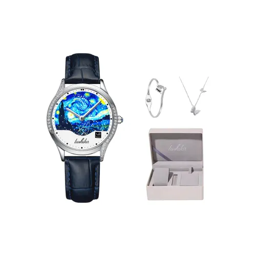 Lushika Starry Sky Elegant Women's Watch Кварцевый механизм Естественная кожа Ремешок Часы Женские часы Синий циферблат