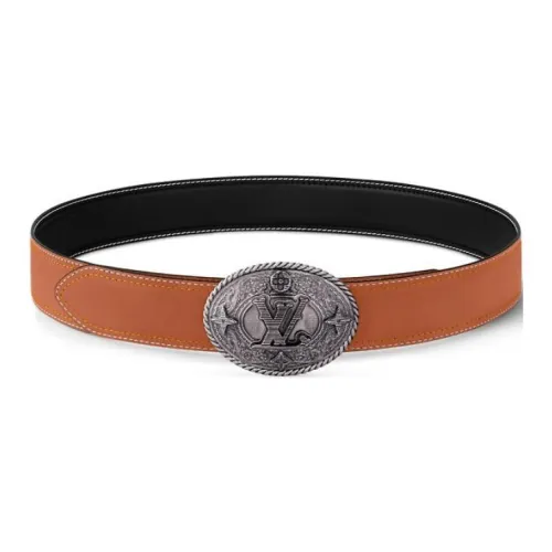 LOUIS VUITTON Значок Дизайн Кожаные ремни Мужской Черный Ширина 3,5CM