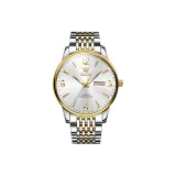 Стальной ремешок с белым циферблатом.