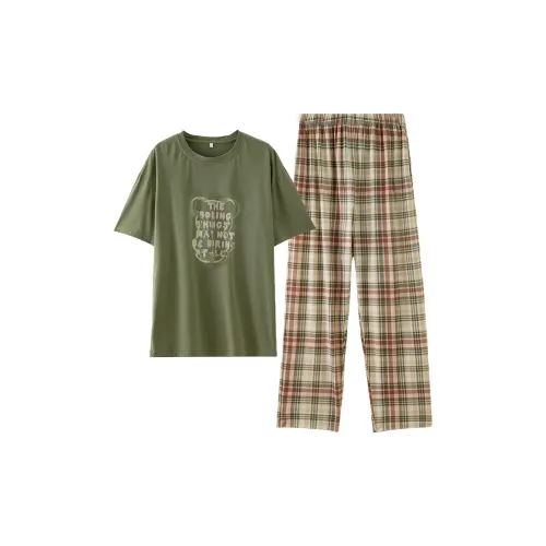 Montagut Pajama Комплект Летний Женский Клетчатый Зеленый